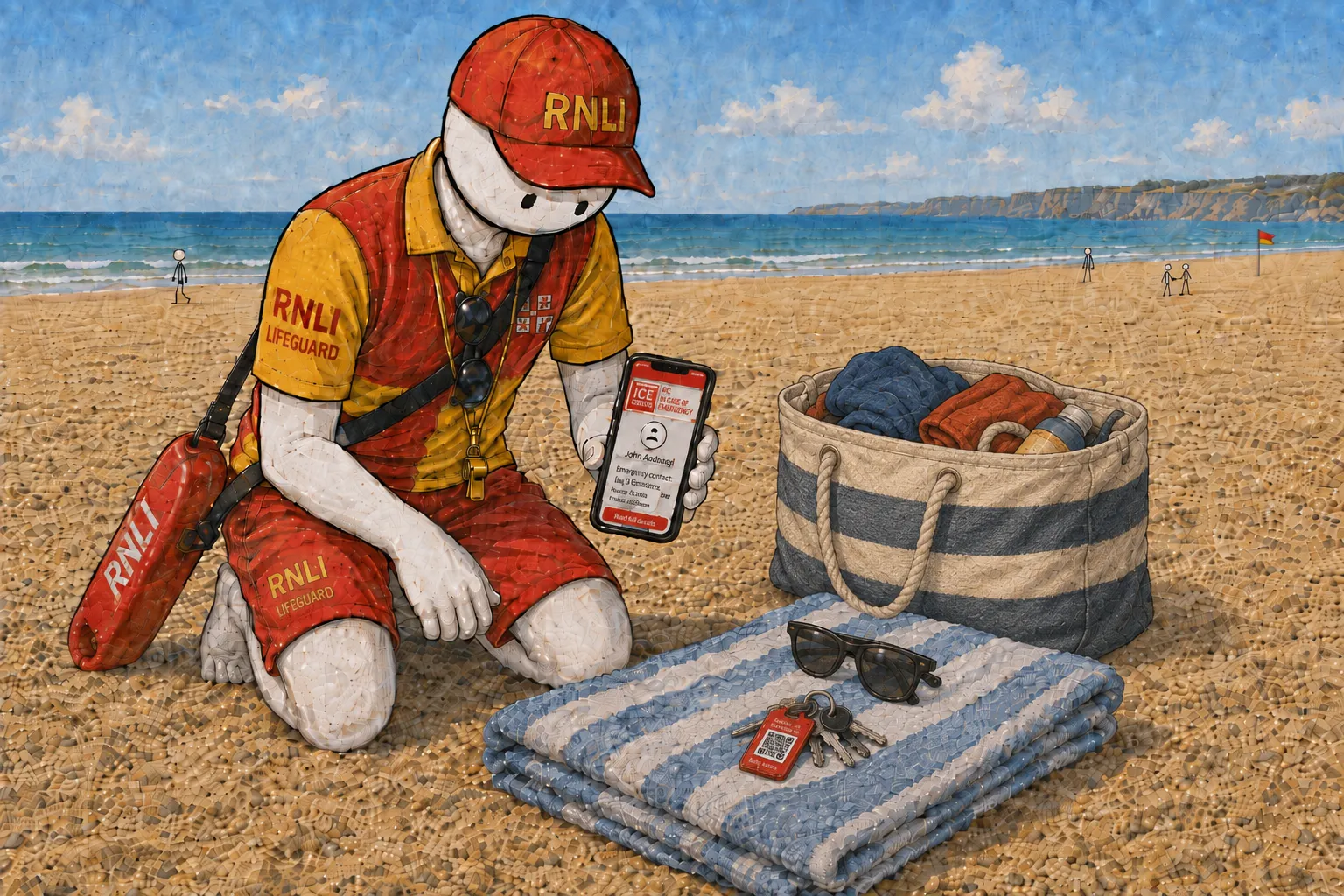 An RNLI lifeguard in a red cap and red-and-yellow uniform kneeling on the sand holding a phone showing the ICE Jar app, beside a folded striped towel with sunglasses and a bunch of keys carrying a QR tag, a striped beach bag nearby and a red patrol flag visible in the distance